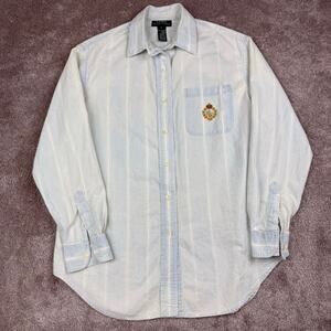 Lauren Ralph Lauren Blue White Striped Crest Button Up Shirt Size S Cotton